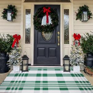 Easter Door Mat 4' x 6' Green and White Plaid Rug Spring Decor Rug Cotton Hand-Woven Layered Door Mats Washable Carpet for St. Patrick's Day Front Porch, Kitchen, Farmhouse, Entryway