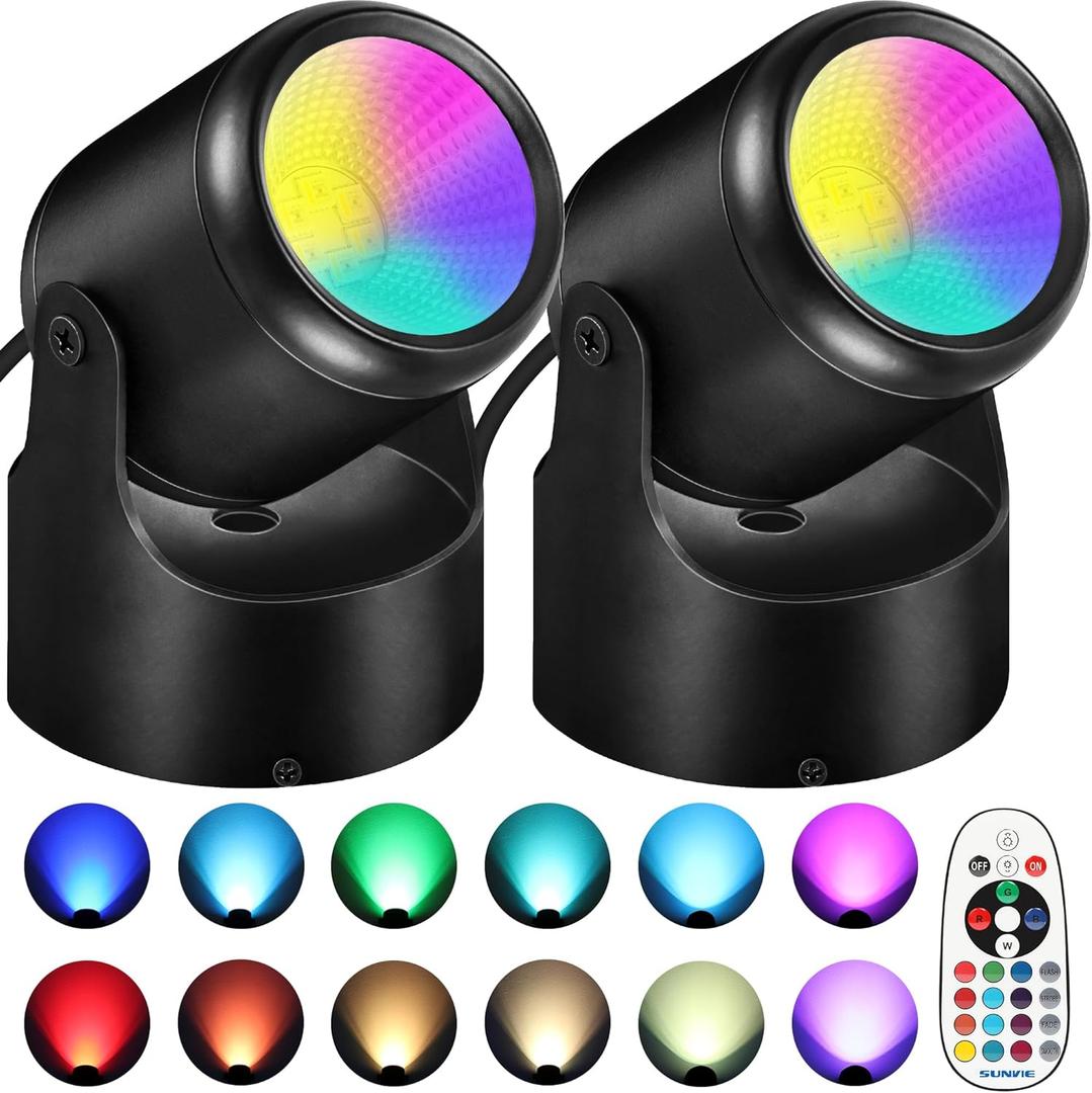 RGBW Christmas Spot Lights Indoor 6W Up Lights Indoor with Remote Control 16 Color Changing Uplighting Indoor 120V LED Spotlight Indoor Dimmable Uplights Indoor for Parties Plant Decor, 2 Pack (Black)