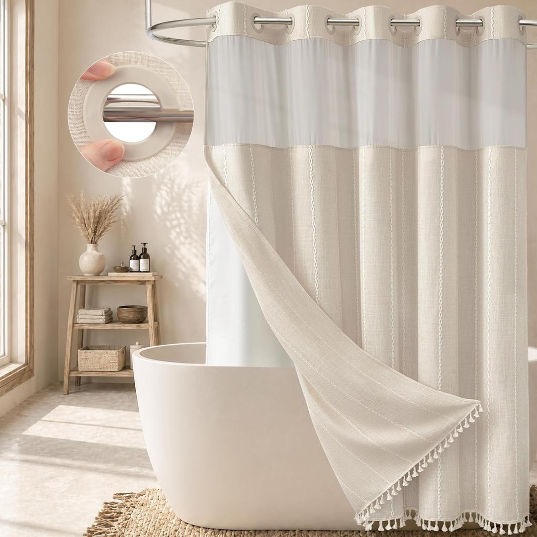 BTTN Ringless Boho Shower Curtain with Snap in Liner, Vintage Linen Fabric Waterproof Bathroom Shower Curtains with Tassel, Farmhouse Striped Shower Curtain Set, Mesh Top Window, 72x75, Beige/Cream