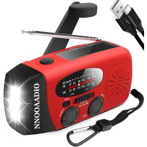 2000mAh SOS Alarm Emergency AM FM Weather Radio, 3LED Type-C Hand Crank Solar Battery Operated Portable Wind Up Radio Flashlight, Cell Phone Charger Survival Kit (Red)
