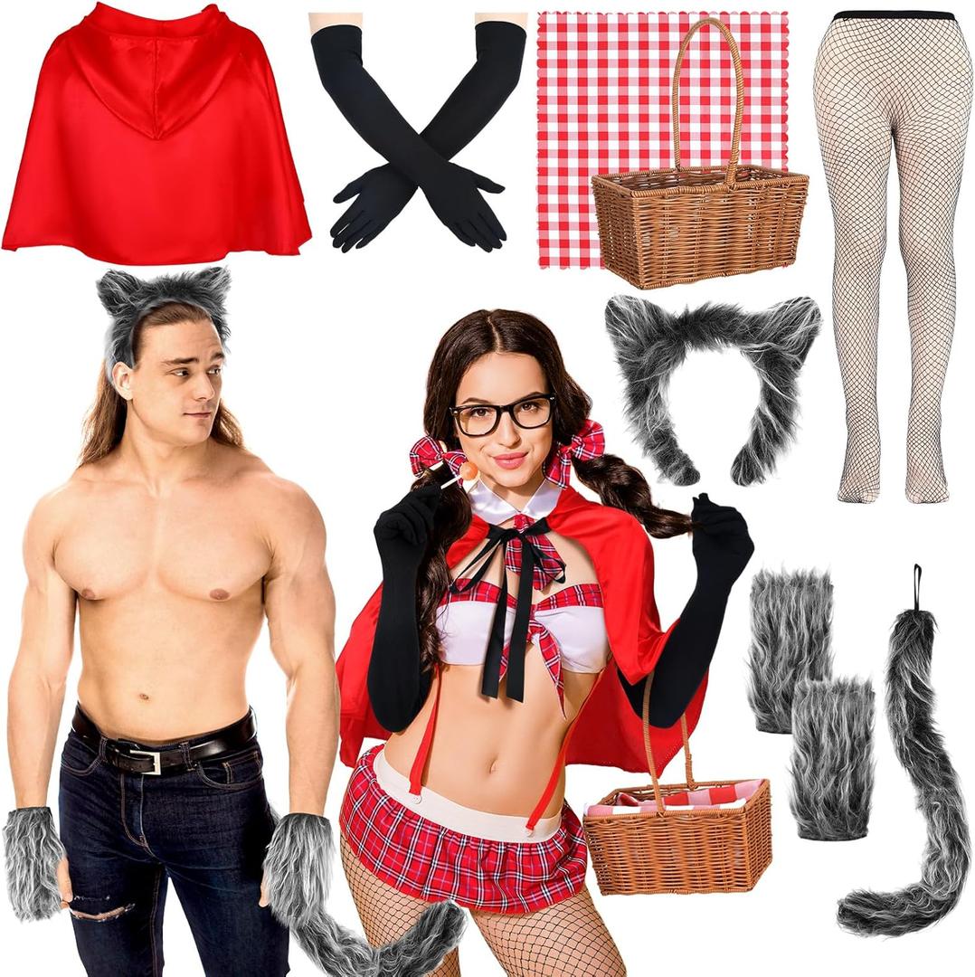 JenPen 10 Pcs Halloween Couples Costumes Outfit Riding Hood Costume Werewolf Costume Accessories Men Women Adult Cosplay Supplies Wolf Ears Tails Gloves Cloak Basket
