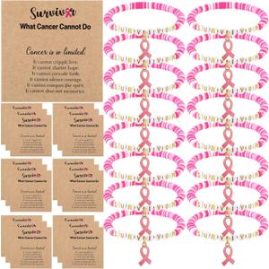 12/24 Set Breast Cancer Survivor Bracelets Heishi Clay Breast Cancer Awareness Accessories with Inspirational Card Pink Ribbon Party Favor Gifts for Women Best Friend