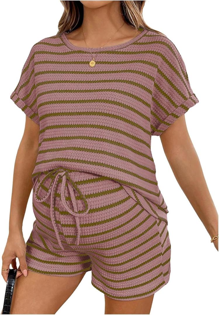 MakeMeChic Women's Maternity 2 Piece Summer Outfits Striped Crew Neck Short Sleeve Tee and Shorts Pregnancy Sets (XX-Large, Pink)