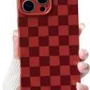 NITITOP Compatible with iPhone 16 Pro Case Cute Aesthetic Checkerboard Checkered Pattern for Women Girl Trendy Slim Fit TPU Silicone Shockproof Full Camera Protection Cover - Wine Red