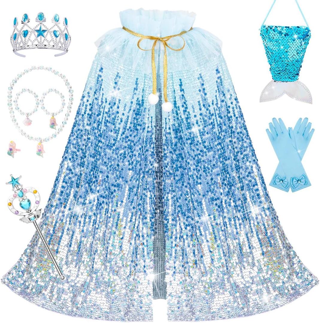 Meland Princess Dress Up for Girls 3-8, 11Pcs Mermaid Cape with Crown, Dress Up Clothes Birthday Gift Toys for Girls Toddlers (Ice Blue)