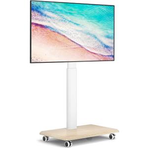 YOMT Portable Floor TV Stand on Wheels for 32-70 Inch TVs, Tall Universal Rolling TV Stand with Swivel Mount, Elegant Lockable Mobile TV Cart with Wood Base for Living Room, Bedroom, Dorm (White) (Basic)