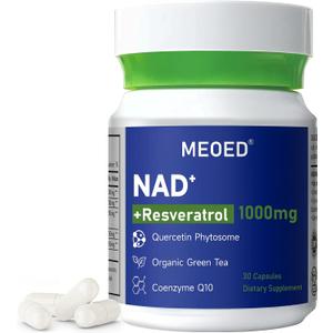 NAD+ Resveratrol Supplement 1000mg Extra Strength Liposomal with Trans Resveratrol, CoQ10, Quercetin and Organic Green Tea for Women and Men, Energy Supplements, 30 Vegan Capsules (EXP 08/15/26)