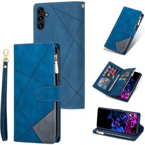 UEEBAI Wallet Case for Samsung Galaxy A34 5G, Vintage Premium PU Leather Cover Flip Case with Card Slots Magnetic Closure Zipper Pocket Kickstand Handbag with Hand Strap - Diamond Blue