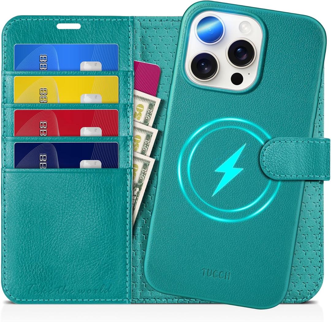 TUCCH Case Wallet for iPhone 16 Pro Max, Removable Kickstand Protective Wireless Charging Shell, Detachable PU Leather RFID Blocking 4 Card Slots Magnetic Cover Compatible with iPhone 16 Pro Max, Cyan (Full Textured Cyan)