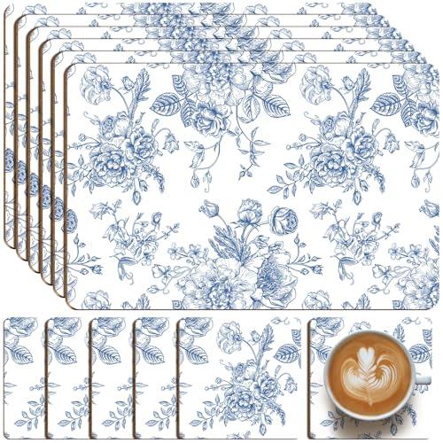 LemonRoad 6 Sets Blue and White Floral Cork Placemats 16x12 Inches Heat Cork Backed Placemat and 6 Coasters Retro Backing Table Mats Square Coasters for Rustic Kitchen Dinner Table Setting Supplies