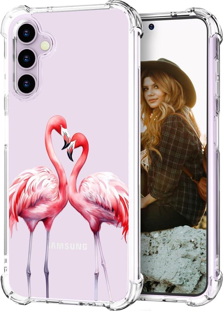 Hungo Compatible with Samsung Galaxy S23 Case for Women Clear Design Cute,Girly Girls Aesthetic Designer Pink Couple Flamingos in Love Heart Animal