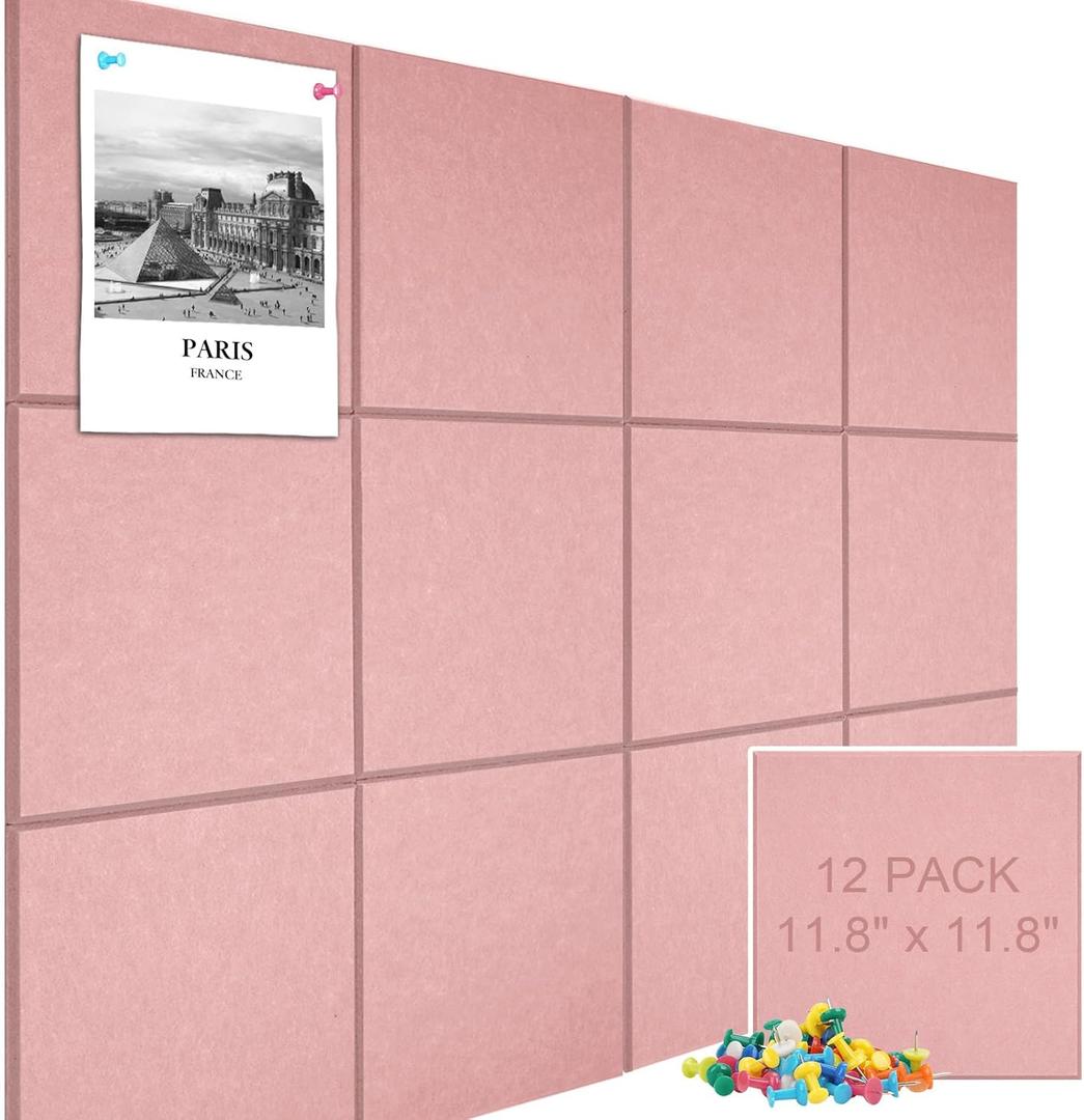 Large Cork Board Alternative 48" X 36" Bulletin Board - 12 Pack Removable Felt Wall Tiles with 30 pushpins, Large Cork Boards for Walls Cork Board for Office Pin Board Tack Board - Pink