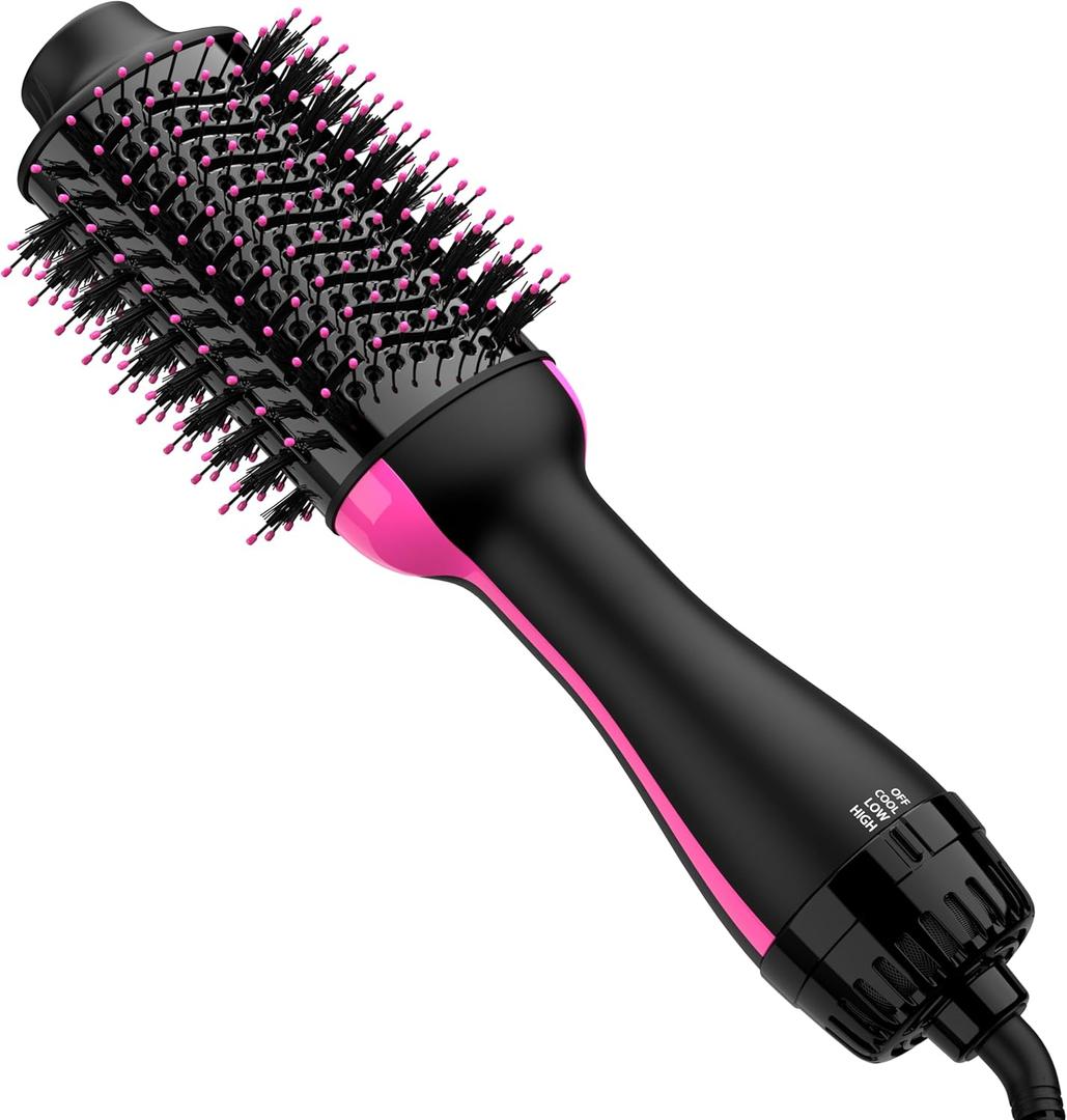 Hair Dryer Brush Blow Dryer in One, Upgraded 4 In 1 Hair Dryer and Styler Volumizer With Negative Ion Anti-Frizz Ceramic Titanium Barrel Hot Air Hair Straightener Brush (Black/Pink)