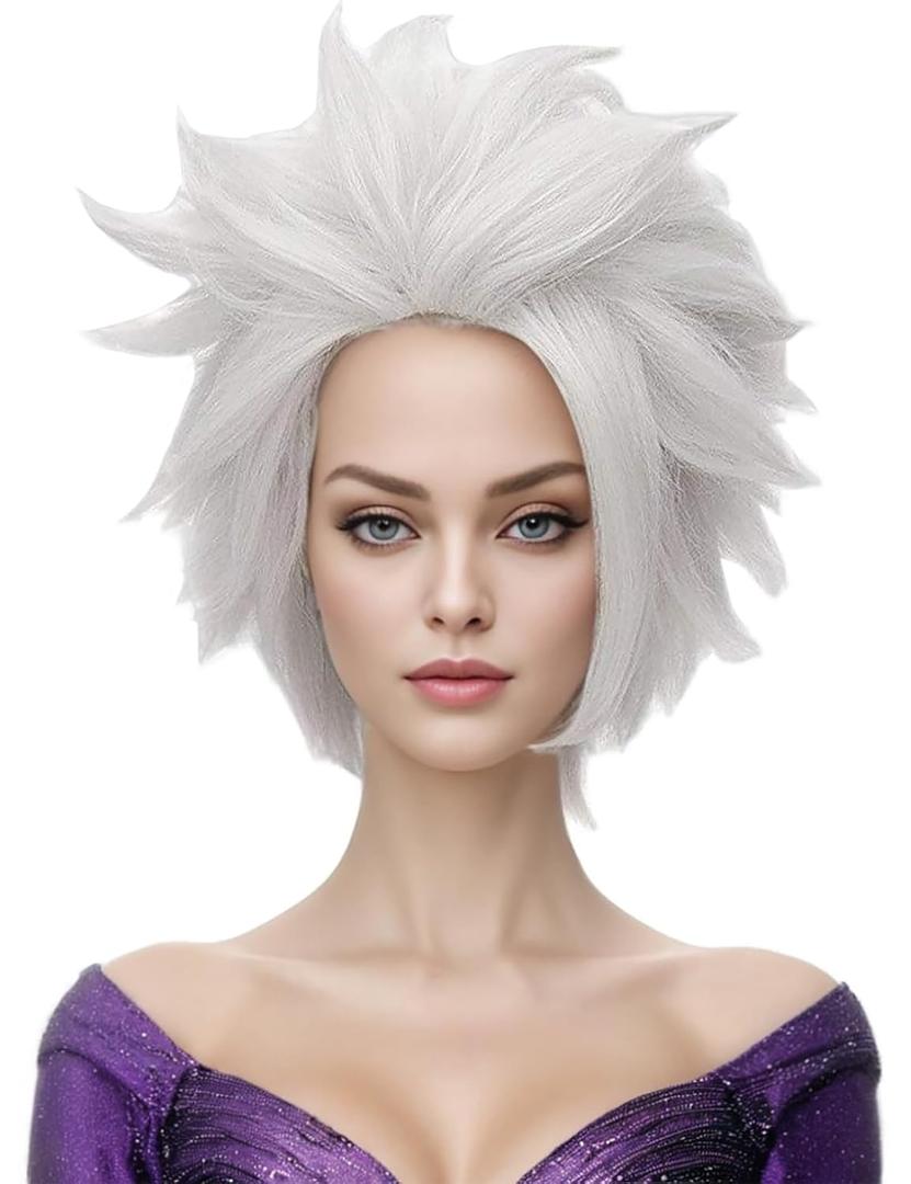 morvally Undersea Witch Costume Wig for Women Short Silver Grey Cosplay Wig Anime Layered Synthetic Hair Halloween Wigs for Adults