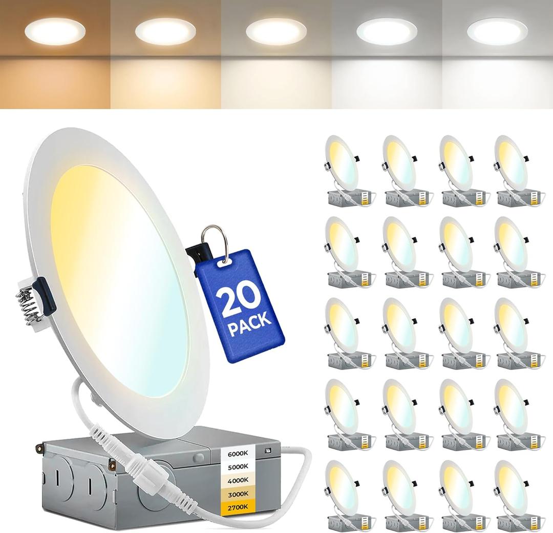 20 Pack 4 Inch LED Recessed Ceiling Light, Dimmable Can, 5CCT Selectable, Ultra-Thin Recessed Light, 9W 750LM, High Brightness Canless Wafer Downlight- ETL&IC Rated (5cct- 2700k/3000k/4000k/5000k/6000k)