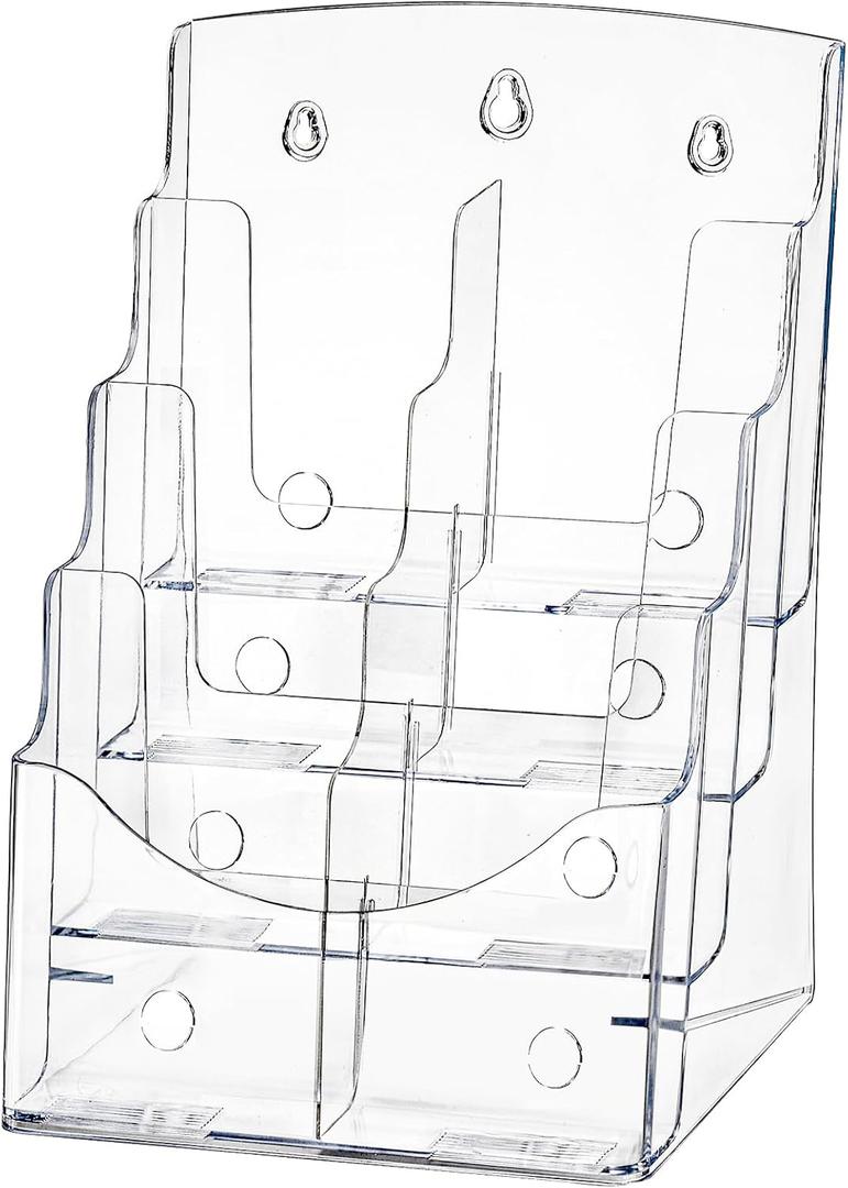 Acrylic Brochure Holder 8.5x11 Inch, 4 Tier Clear Literature Organizer Magazine Stand with Removable Divider for 4x9 Inch Brochures, Pamphlet Flyer Display Stand for Wall Mount, Countertop
