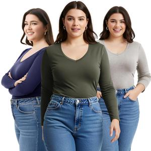 Emmalise Women's Junior and Plus Size Vneck Tshirt Long Sleeves Shirt Tee (S)