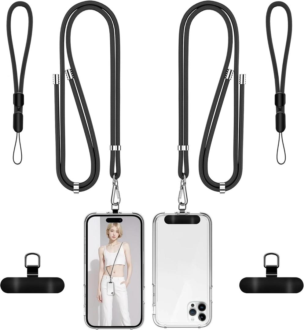 takyu Phone Lanyard, 2 Pack Adjustable CellPhone Lanyard Crossbody Neck Strap and 2 Pack Phone Wrist Strap with 2x Tether Metal Tabs for iPhone Android Smartphones-Black