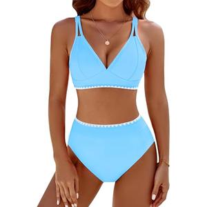 BMJL Women's Bikini Sets V Neck High Waisted Swimsuits Shell Stitched Cheeky Two Piece Bathing Suit(M,Light Blue)