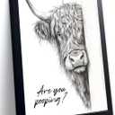 Funny Highland Cow Bathroom Wall Art,Black and White Rustic Farmhouse Wall Decor with Humorous Are You Pooping Canvas Print, Cute Animal Art for Restroom, Bathroom poster Black Wooden Frame 10x8 Inch