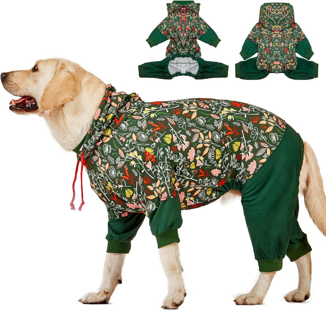 LovinPet Large Dog Onesies Big Pajamas: Wound Care/Post Surgery, Anxiety Relief, Lightweight Stretchy Fabric, Dog Pajamas,Dog Jammies, Reflective Stripe, Dew & Moss Dark Green Print, Pet PJ's /3XL (XXX-Large, Green)