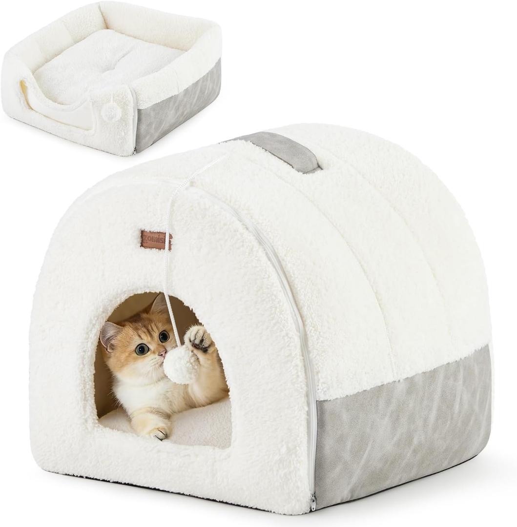 Cat Bed Cave for Indoor Cats - 2 in 1 Cat Hideaway Hut Fully Machine-Washable, Covered Kitten House Bed with Cushioned Pillow, Cute Small Pet Tent with Non-Slip Bottom, 15 Inches (Cream)