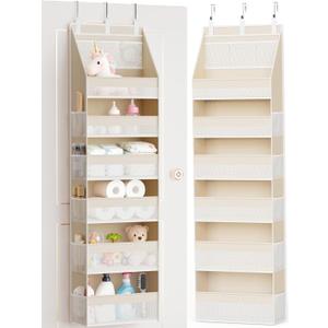 Criusia Over the Door Organizer, 6-Shelf Closet Hanging Storage with 13 Mesh Pockets, 55lbs Capacity Behind the Door Storage for Baby Nursery, Bathroom, Bedroom, and Dorm, Beige