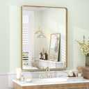 24x32 Inch Gold Framed Bathroom Mirror, Rectangle Brushed Gold Metal Vanity Mirror, Gold Rectangle Mirror for Wall, Rounded Corner, Tempered Glass, Anti-Rust, Shatterproof (Horizontal/Vertical)