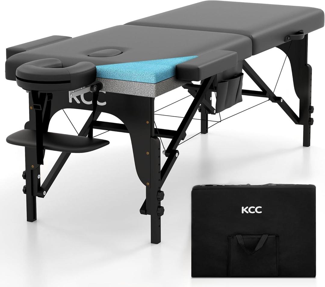 KCC Memory Foam Massage Table Premium Portable Foldable Massage Bed Height Adjustable, 84 Inches Long 28 Inchs Wide Home Salon Spa Bed Tattoo Table with Accessories &Carrying Case, Easy Set Up (Black Wooden Leg)