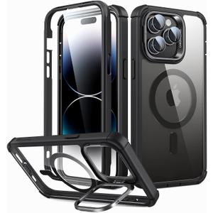 ESR for iPhone 14 Pro Case with Stand, Compatible with MagSafe, Full-Body Military-Grade Drop Proof Case with Built-in 9H+ Tempered Glass Screen Protector, Armor Series, Clear Black