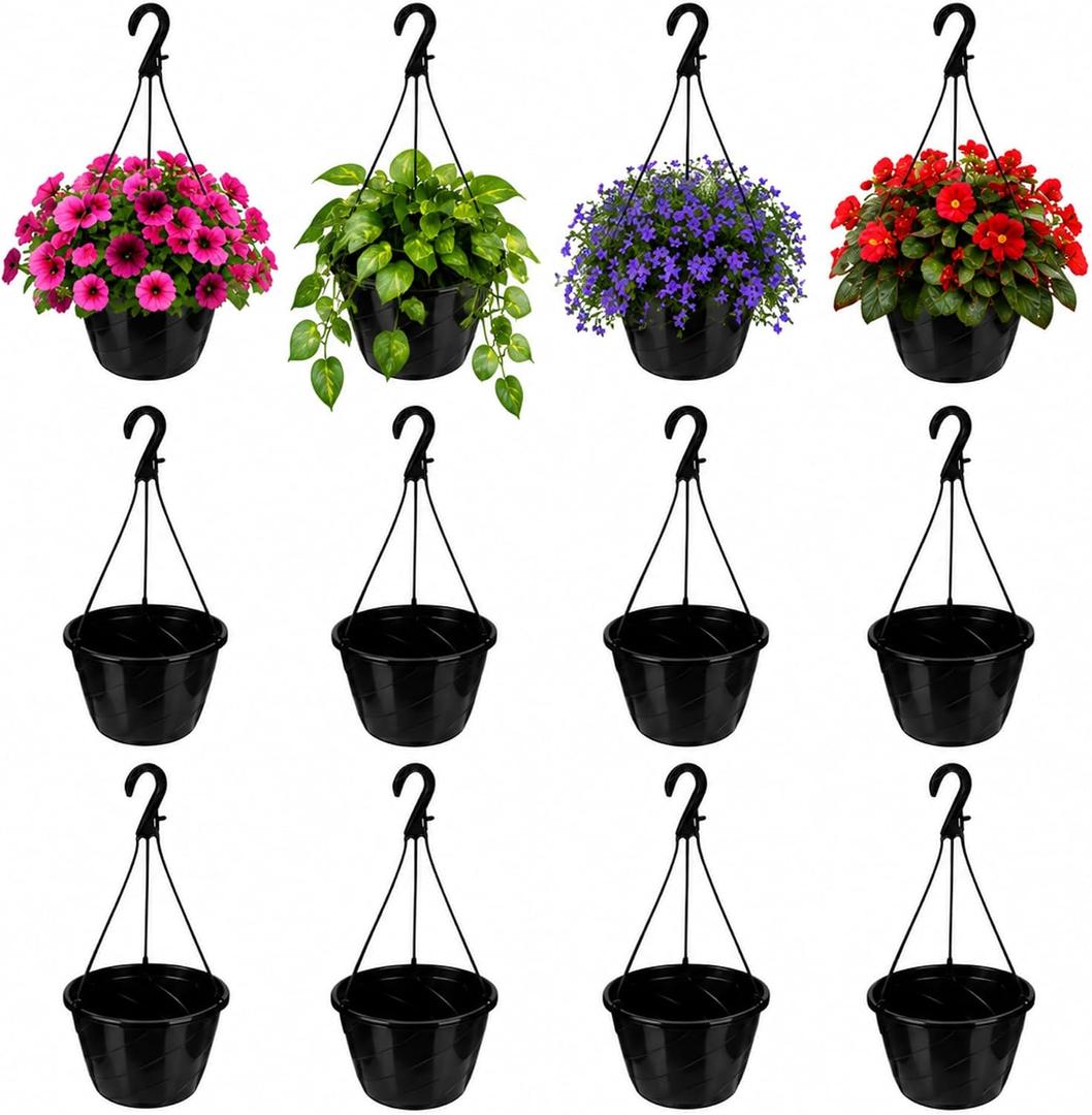 12 Pcs 10 Inch Modern Euro Swirl Plastic Hanging Baskets, Black
