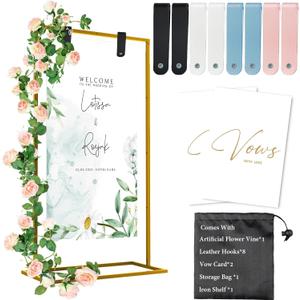 Wedding Welcome Sign Stand, 57x31x15"Welcome to Our Wedding Sign Stand with Leather Straps, Flower Vine, Vow Card, Wedding Sign Holder, Heavy Duty Floor Easel Stand for Sign for Wedding Birthday, Gold