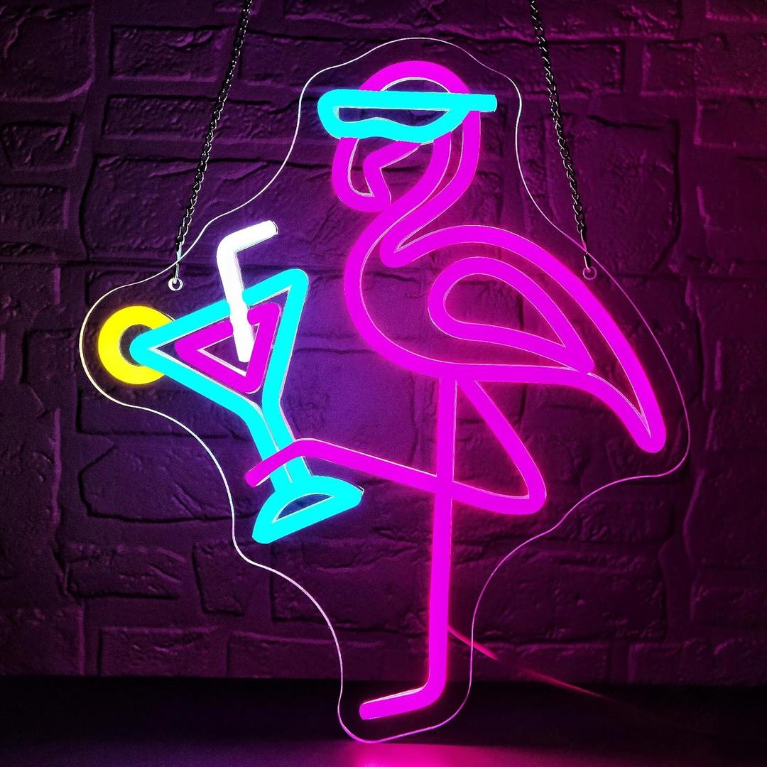 Flamingo Cocktail Neon Sign for Wall Decor Dimmiable Drinking Neon Light for Man Cave USB Powered Cocktail Bar Sign for Home Bar Beach Pool Party Bedroom Birthday Gift Art Size13.7 * 12In(WZCP194)