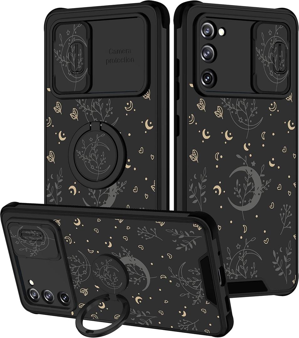 Goocrux (2in1 for Samsung Galaxy S20 FE 5G Case Moon Plants for Women Girls Cute Phone Cover Flower Heart Stars Space Design with Slide Camera Cover+Ring Holder Fashion Black Cases for S20FE 6.5''