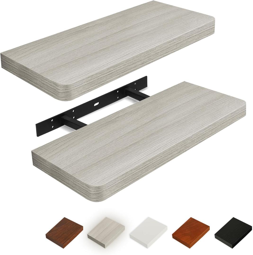 Floating Shelves Set of 2, 17-Inch Wall Mounted Modern Wood Shelves With Invisible Brackets for Bathroom, Living Room, Bedroom and Kitchen, Grey