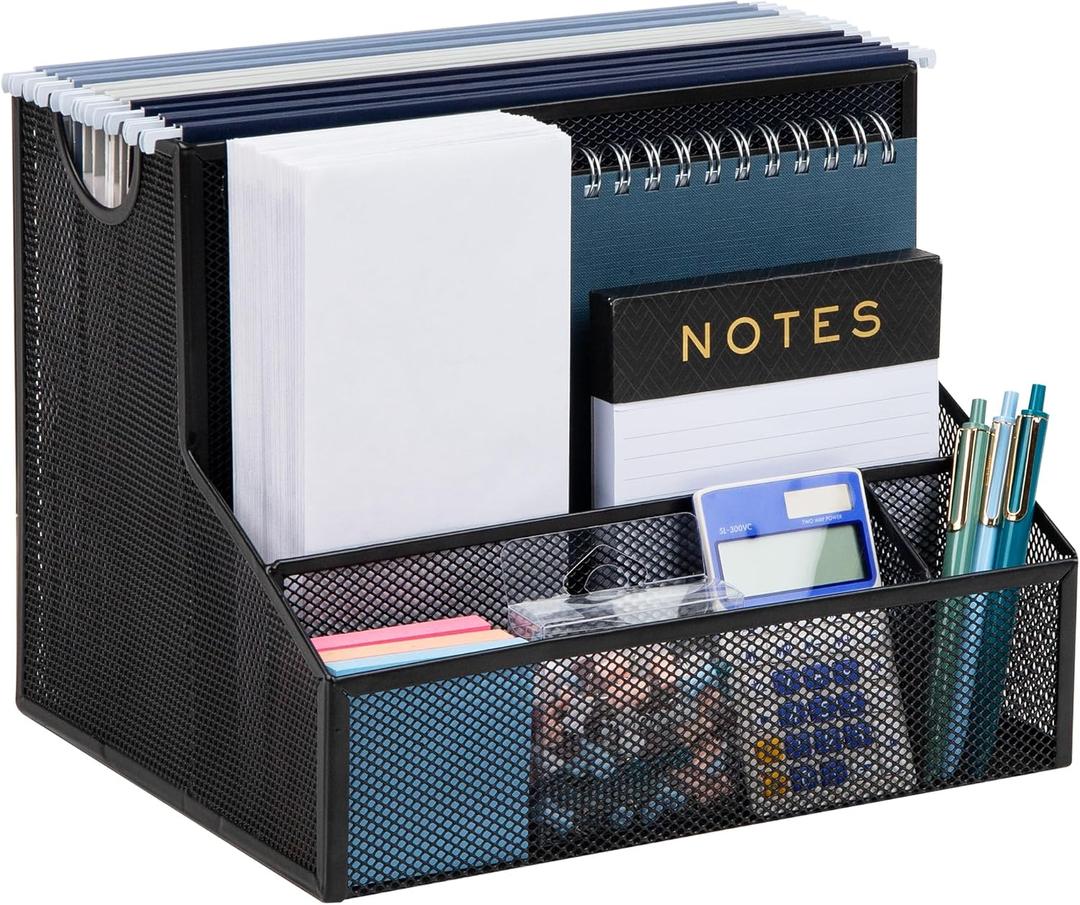 Mind Reader Desktop Organizer with Hanging File Storage, 4 Compartment Letter Size File Holder, Metal Mesh Desk Organizer for Office and Home, Black