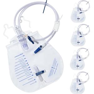 Catheter Bags for Men and Women 2000mL Urinary Drainage Bags, Enhanced Anti-Reflux Drip Chamber, 48 Thickened Tube, Adjustable Clips & Hanging Hook (A-2000mL-5PACK)