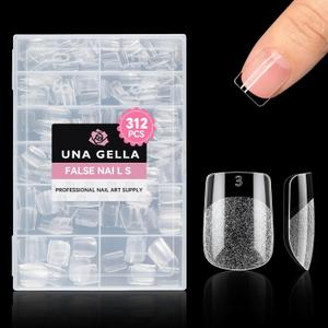 UNA GELLA Extra Short Square Nail Tips, 312pcs XS Square Gel Nail Tips, Soft Gel Full Cover Half Matte No Need File Acrylic Fake Nails for Nail Extension Home DIY Nail Salon 12 Sizes
