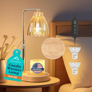 APSARAS USA Candle Warmer Lamp with Timer,Adjustable Height Candle Warmer,Dimmable, Home Decor,Wax Warmer Lamp for Jar Candles with 2 Bulbs and Life Flower Wooden Base,Gift Box for Her/Him (TD1283) (Champagne Gold-01)
