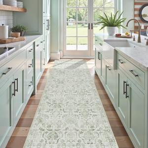 Sage 3x12 Runner Rug for Hallways Bed Side Kitchen, Boho Washable Distressed Low-Pile Floor Entryway Long Bathroom Mat, Non-Slip Laundry Room Washstand Front Carpet 36x144 Inch