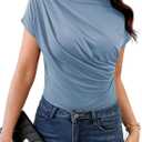 SweatyRocks Women's Casual Short Sleeve Mock Neck Tee Top Asymmetric Ruched Plain T Shirt (Blue, M)