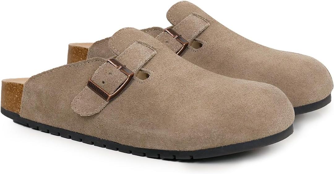 EVELLYHOOTD Women's Men's Suede Clogs Leather Mules Cork Footbed Sandals Comfort Potato Shoes with Arch Support(with Socks) 41