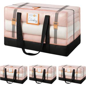 4 Pack Large Moving Bags, 115lb Capacity Heavy Duty Moving Totes with Wrap Around Handles, Clear Storage Bags with Internal Compression Straps, Alternative to Moving Boxes -103L,Clear and Black