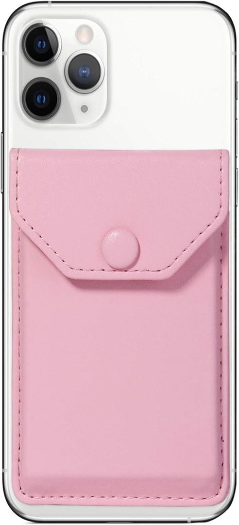 Cell Phone Leather Wallet Credit Card Holder Pocket Wallet Adhesive Phone Wallet & RFID Blocking Sleeve Pink Stick On Card Holder Universally fits Most Cell Phones &Cases (Pink Plus)