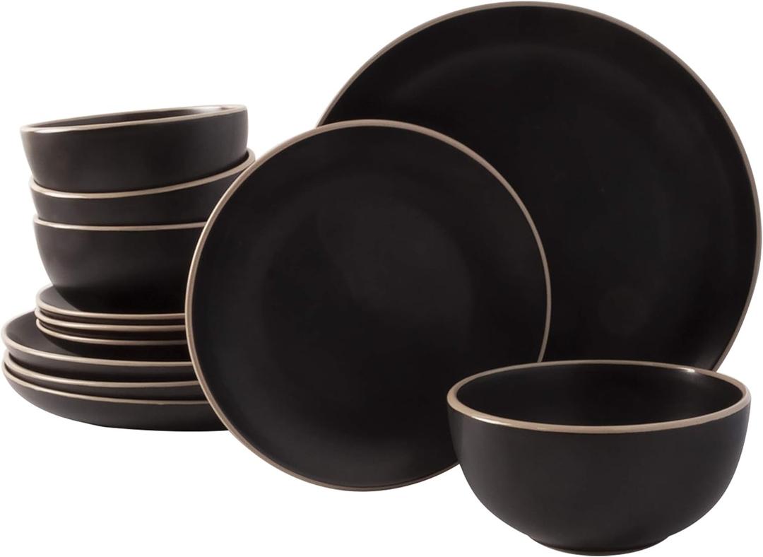 Gibson Home Rockaway Round Stoneware Dinnerware Sets, Service for 4 (12pcs), Black
