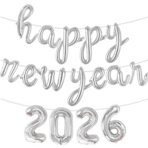 2026 New Years Balloons - 16 Inch Script Happy New Year Balloons - Silver Foil 2026 Balloon for 2026 New Years Eve Party Supplies - Happy New Year Decorations 2026