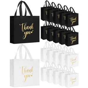 SilTriangle 50 Pcs Thank You Gift Bags with Handles Bulk Reusable Non Woven Bags Bridesmaid Souvenir Handbags for Wedding Easter Graduation Sorority Birthday(11 x 12 x 5 Inch,Black, White)