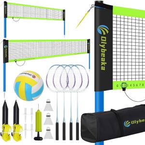Portable Volleyball & Badminton Combo Net Set for Backyard Beach with 2 Nets (20ft and 32ft), Adjustable Poles, PU Volleyball, Aluminum Rackets and Carry Bag, Quick Setup & Durable (Black)