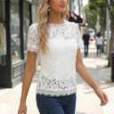 Allegra K Women's Lace Top Summer Floral Scalloped Trim Short Sleeve Semi Sheer Tops (White, S)