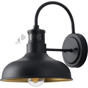 10in. Exterior Barn Style Motion Lights with Wall Mount, Dusk to Dawn Outdoor Motion Sensor Gooseneck Lighting Fixture for Farmhouse, Black Barn Porch Wall Lighting for Garage and House